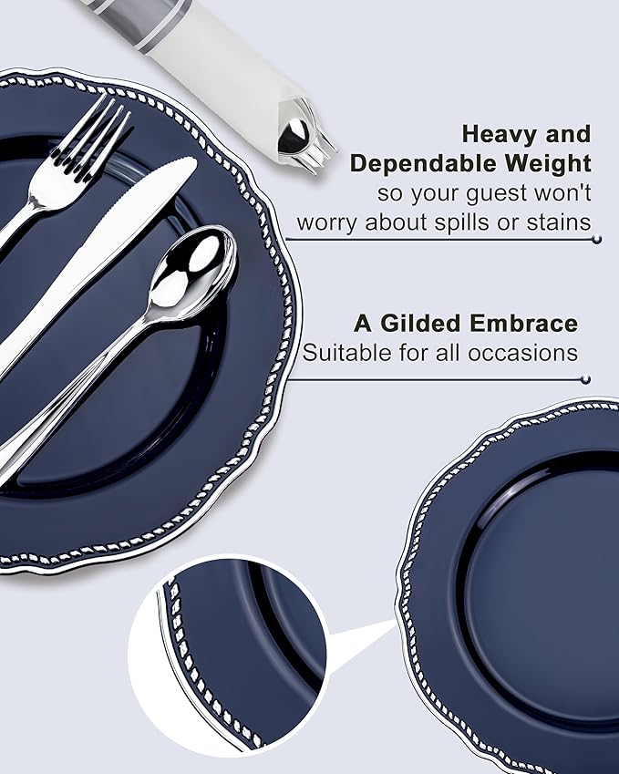 Hioasis 175pcs Blue Silver Plastic Plates - Silver Plastic Dinnerware Set Includes 25 Dinner Plates, 25 Dessert Dinnerware, 25 Cups, 25 Napkins Perfect for Wedding & Party
