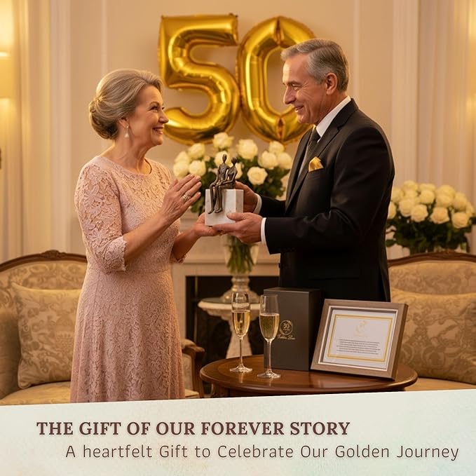 50th Wedding Anniversary Couple Gifts - Iron and Marble Sculpture - Gifts for 50th Wedding Anniversary for Parents or Friends - Includes Present Box, Engraved Plaque and Poem Card