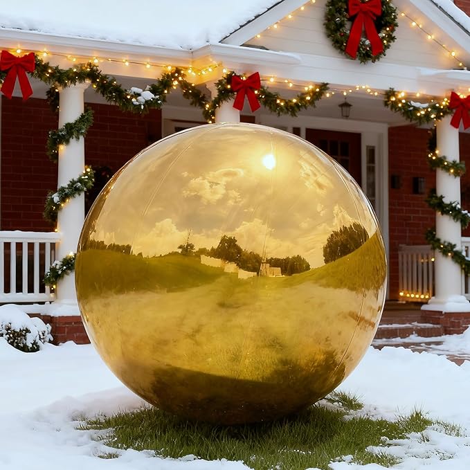 Gold Inflatable Mirror Ball with Air Pump, Big Shinny Mirror Balls Reusable Large PVC Disco Ball Balloon for Large Event Decoration, Party, Concerts, Stage, Wedding Decor (1 Pcs, 19.7in)