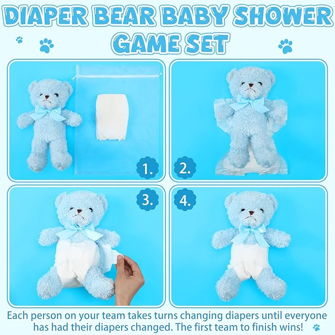 6 Sets Bear Blindfolded Diaper Changing Baby Shower Games Baby Dolls Diapers for Bridal Shower Gender Reveal Games Prizes Gifts for Adults Boys Girls (Blue)