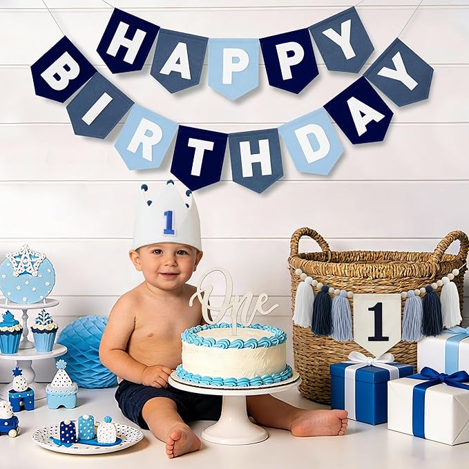Felt Navy Blue Happy Birthday High Chair Banner Pre-Strung Birthday Hanging Decoration For Baby Boy 1st Birthday Party Decorations