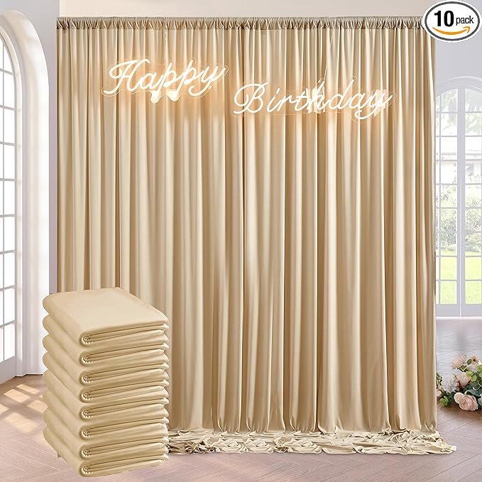 50ft x 10ft Wrinkle Free Beige Backdrop Curtains for Parties Weddings, 10 Panels 5×10ft Soft Silk Polyester Photo Backdrop Drapes for Birthday Baby Shower Baptism Photo Photography Background Cloth