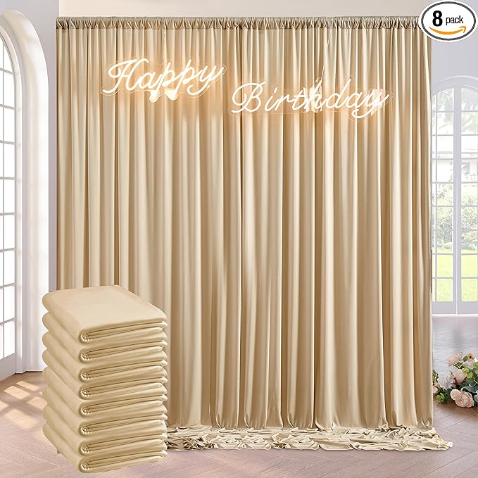 40ft x 10ft Wrinkle Free Beige Backdrop Curtains for Parties Weddings, 8 Panels 5×10ft Soft Silk Polyester Photo Backdrop Drapes for Birthday Baby Shower Baptism Photo Photography Background Cloth