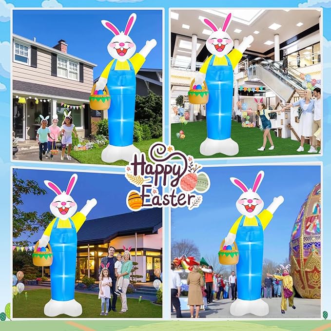 MICOCAH 12Ft Tall Giant Easter Inflatables Outdoor Decorations Lighted Inflatable Bunny Holds Easter Eggs Basket, Built in LEDs Rabbit Blow Up Yard Decor for Outside Lawn Garden Spring Holiday Party