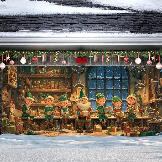 Santa's Workshop Christmas Garage Door Banner 7x16FT, Santa and Elves Holiday Scene, Large Outdoor Xmas Decoration for Garage Doors, Large Garage Cover for Christma