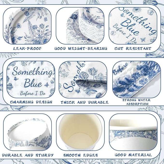 Zhehao 250 Pcs Something Blue Bridal Shower Plates Napkins Sets 50 Pcs 9'' Dinner Plates and 7'' Dessert Plate and 9oz Cups 100 Napkins Serves 50 Party Supplies Bridal Shower Engagement Decoration