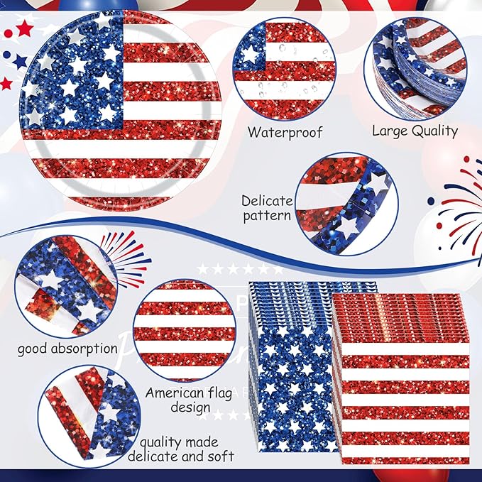 400 Pcs American Flag Patriotic Party Supplies Red White Blue Disposable Paper Plates Napkins and Cups Veterans Election Tableware for Independence 4th of July Labor Memorial Day(Glitter)