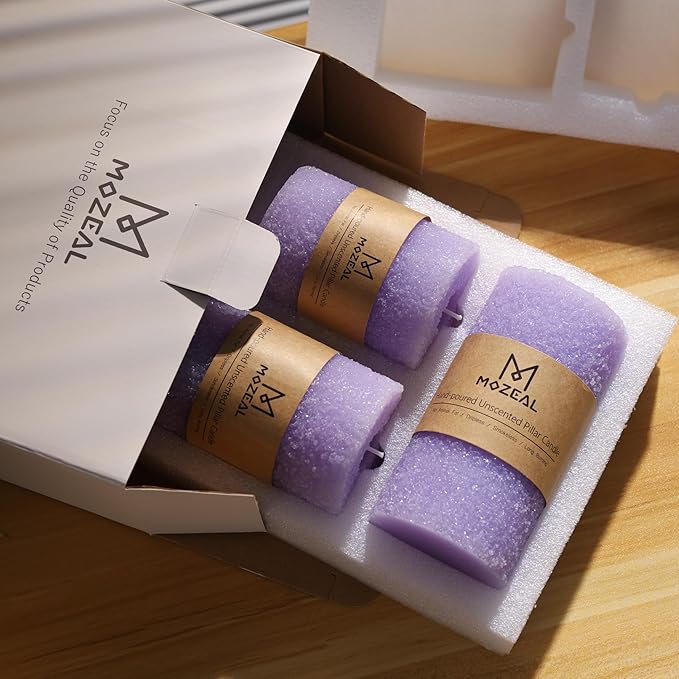 MOZEAL Hand-Poured Granular Texture Decorative Lavnder Pillar Candles Set of 3 (3"x4", 5", 6"),Approx 300 Hours Burn Time Dripless, Unscented, Smokeless, Spring Party Decor Candle Lover Gift