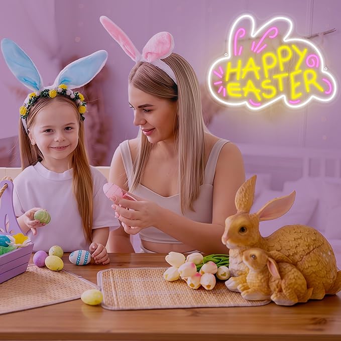 Happy Easter Neon Signs for Wall Decor, Bunny Light Up Sign, Happy Easter Home Wall Decoration for Bedroom, Bar, Kid Room Party Gifts