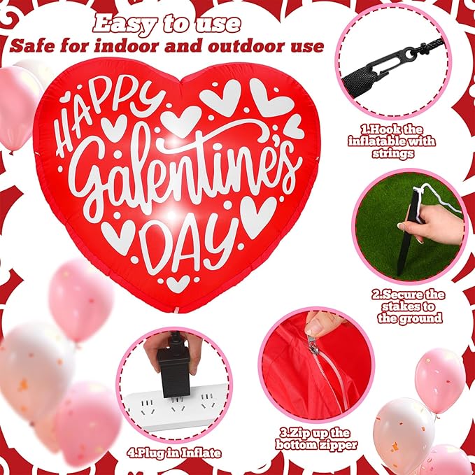 VIHOSE Happy Galentines Day Inflatables Decorations 4.3 ft Pink Galentines Day Blow up Decor Heart LED Lights Inflatable Decor for Ladies Girls Friends Valentine Party Photo Props