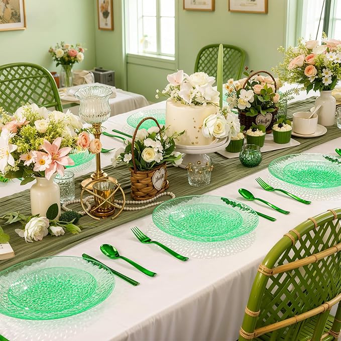 Rubtlamp 60Pcs Green Plastic Plates, Heavy Duty Disposable Plates With Hammered Design, Green Party Disposable Plate Include 30 Dinner Plate, 30 Salad Platos, Fancy Plastic Platos