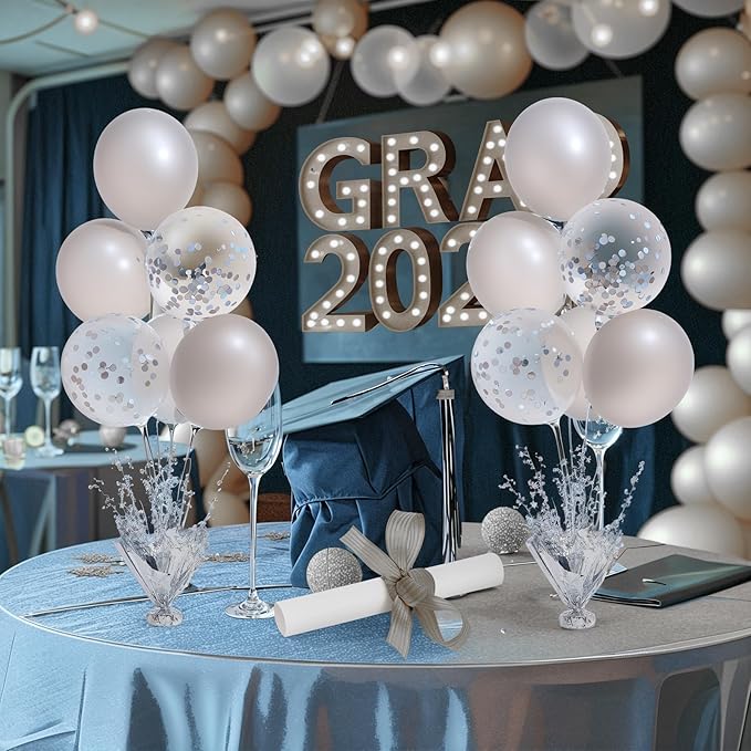 4 Set Silver Table Balloons Centerpiece Stand Kit with Silver and Confetti Balloons for Graduation Birthday Party Baby Shower Wedding Bridal Shower Prom Retirement Table Decorations