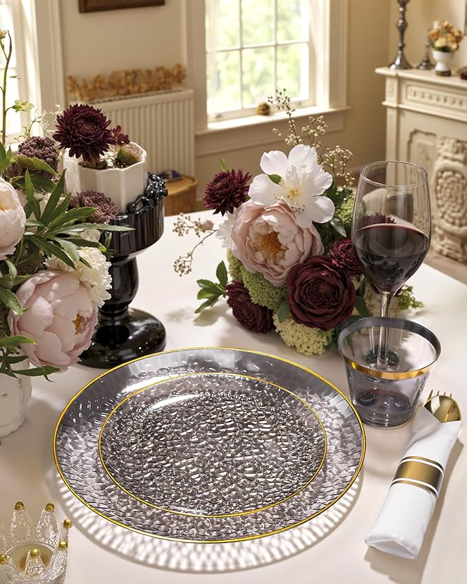 Hioasis 175pcs Black Gold Plastic Plates - Black Plastic Dinnerware Set Includes 25 Dinner Plate, 25 Dessert Plate, 25 Cups, 25 Napkins Perfect for Wedding & New Year