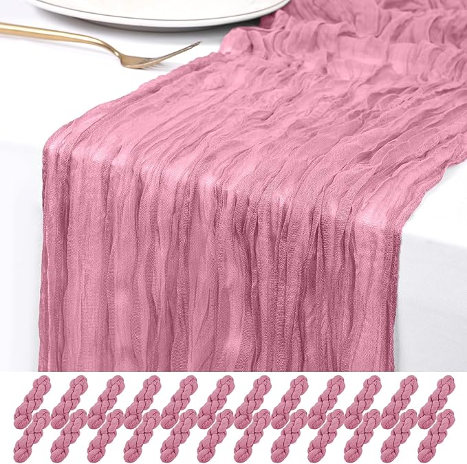 24 Pack Dusty Rose Cheesecloth Table Runner 120 inch Fall Thanksgiving Boho Rustic Gauze Farmhouse 10FT Cheese Cloth Runner for Baby Shower Wedding Party Holiday Home Decor