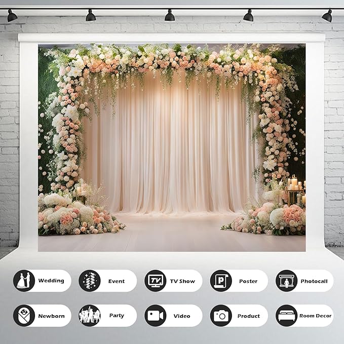 Wedding Ceremony Backdrop, 10x8ft Pink and White Flowers, Vinyl Material, Perfect for Photography Studio, Occasion Type: Wedding, Party, Newborn, Children, Pets, Still Life