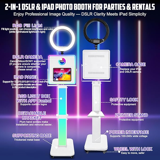 Photo Booth for iPad 10.2" 10.9" 11" 12.9" & Camera,2-in-1 Selfie Station Shell Stand Camera Photobooth Machine,App Control RGB Fill Light,for Parties,Rental Business (White + Flight Case)
