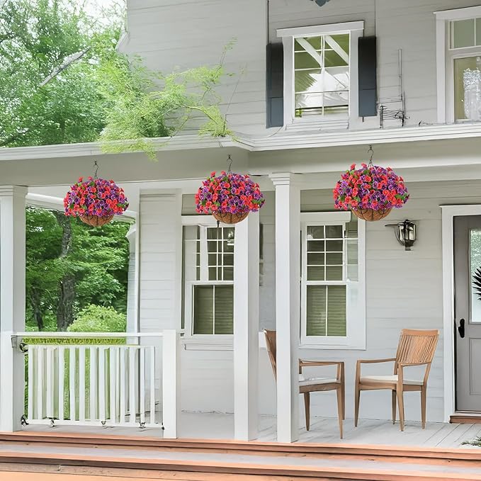 Homsunny Artificial Fake Hanging Flowers with Basket for Outdoors, Faux Silk Petunias Flower Spring Summer Decor UV Resistant Look Real for Home Outside Patio Front Porch Decorations