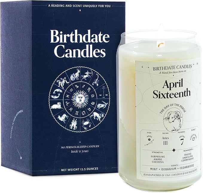 Birthdate Candles, April 16 - Aries Zodiac Scented Candles Birthday Gift - Mint, Geranium & Cedarwood Scent - All-Natural Soy & Coconut Wax, 60-80 Hour Burn Time - Made in USA
