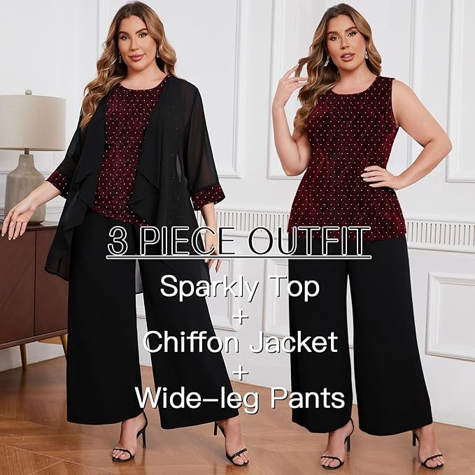 ZOMVA Plus Size 3 Piece Formal Pantsuit Sparkly Chiffon Jacket Set Dressy Outfit Mother of The Bride Groom Wedding Cocktail