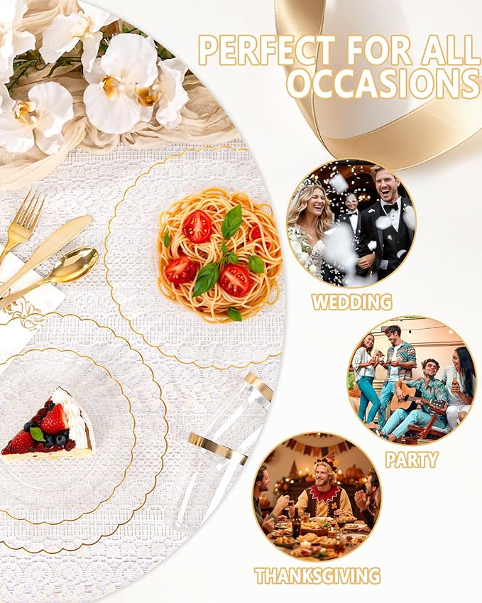 YOUBET 175PCS Gold Scalloped Plastic Plates - Clear and Gold Disposable Dinnerware Set Include 50 Plates, 75 Gold Silverware, 25 Cups, 25 Napkins for Party & Wedding