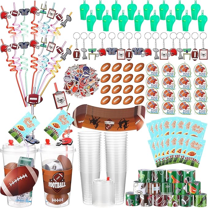 Party Favors Set with Cup Straw Cup Sleeve Bouncy Ball Mini Pinball Machine Keychain Sticker Clap Bracelet Tag for Sport Reward Birthday Gift Party Supplies(195 Pcs,Football)