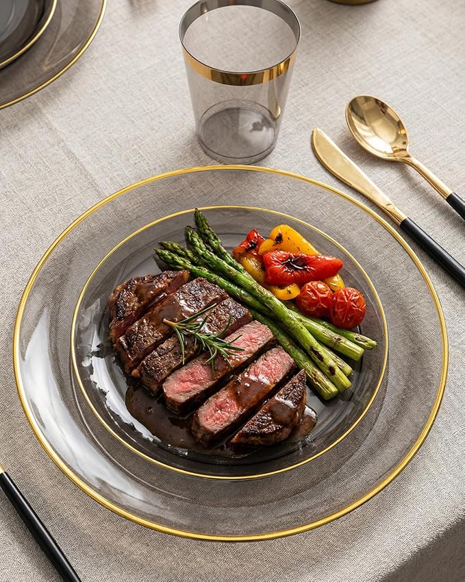 Supernal 180PCS Black and Gold Plastic Dinnerware Set - Black Plastic Plates with Disposable Silverware Include 30 Dinner / 30 Dessert Plates, 30 Forks,30 Knives,30 Spoons & 30 Cups for Party&New Year