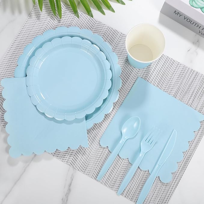 350 Pcs Light Blue Paper Plates and Napkins, Boy Baby Shower Decorations Include Baby Blue Scalloped Plates Napkins Cups Plastic Spoons Forks Knives for Bridal Shower,Wedding,Birthday