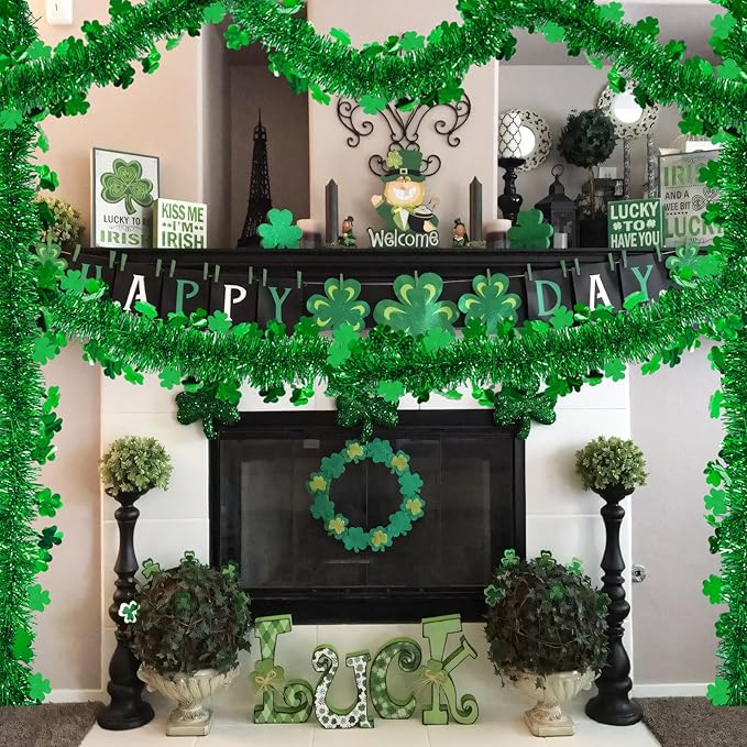 196 FT St. Patrick's Day Tinsel Garland, Green Shamrock Metallic Garland for Irish St. Patrick's Day Party Wall Tree Decoration