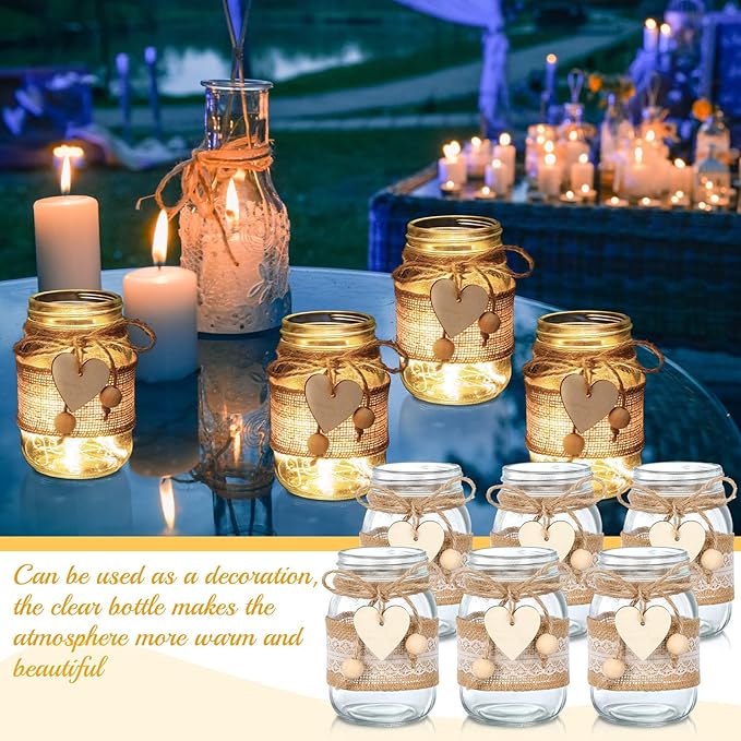 Mumufy 6 Sets Mason Jar Table Centerpiece with Lace Sleeves and Heart Shaped Hemp Rope Rustic Mason Jar Vases Reception Engagement Party Bridal Shower Centerpieces Wedding Table Decorations