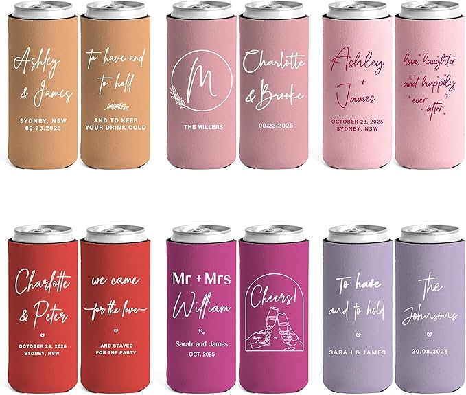 50 pcs Personalized Can Sleeves for Wedding & Party Favors – Custom Drink Holders for Anniversary, Engagement, Bridal Showers – Bulk Gifts for Guests, Fits 12-16oz Cans & Bottles (50, Slim)