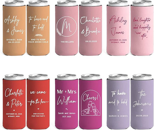 50 pcs Personalized Can Sleeves for Wedding & Party Favors – Custom Drink Holders for Anniversary, Engagement, Bridal Showers – Bulk Gifts for Guests, Fits 12-16oz Cans & Bottles (50, Slim)