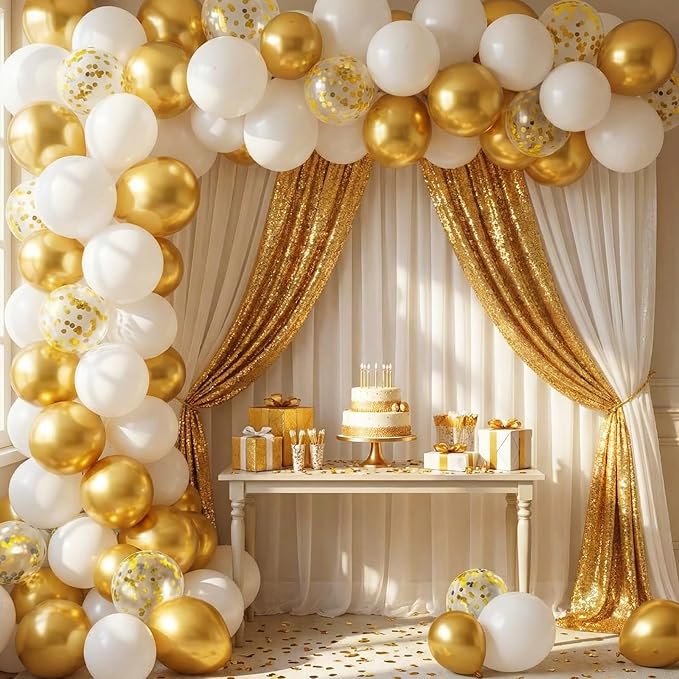 137 Pcs White Gold Party Backdrop Kits - 4 Sequin Backdrop Curtain 133 Balloon Garland Kit Photo Prop Background for Engagements Bridal Shower Graduation Anniversary Party Decoration
