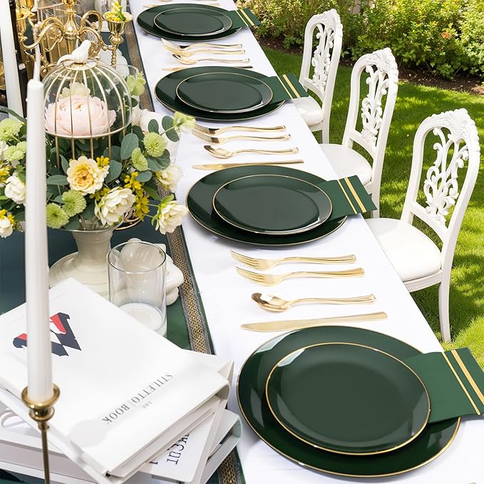NOCCUR 350PCS Green Plastic Plates - Disposable Green Gold Dinnerware Set for 50 Guests, 100 Dinner/Dessert Plates, 150 Gold Silverware, 50 Cups&50 Napkins for Party/Wedding