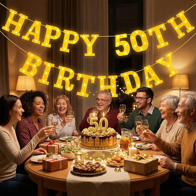 Honoson 17 Pcs 50th Birthday Party Decoration Happy 50th Birthday Light up Table Sign 6.42 Inch LED Neon Marquee Lights for Room Table Wall Decoration Party Supplies