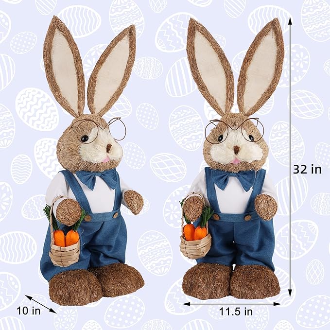 Juegoal Easter Straw Bunny Decorations, 32"(2.6FT) Extra Large Standing Mr. Bunny Figurine, Handmade Easter Rabbit Statues, Cute Photo Props Gifts for Office Kitchen Farmhouse Spring Home