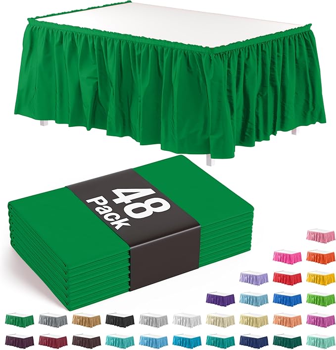 Exquisite Ruffle Table Skirt Emerald Green 48 Pack 14 Ft Long Table Skirts for Rectangle Tables 6ft Plus or Round Tables Skirts with Adhesive Strip for Gender Reveal Decor & Happy Birthday Parties