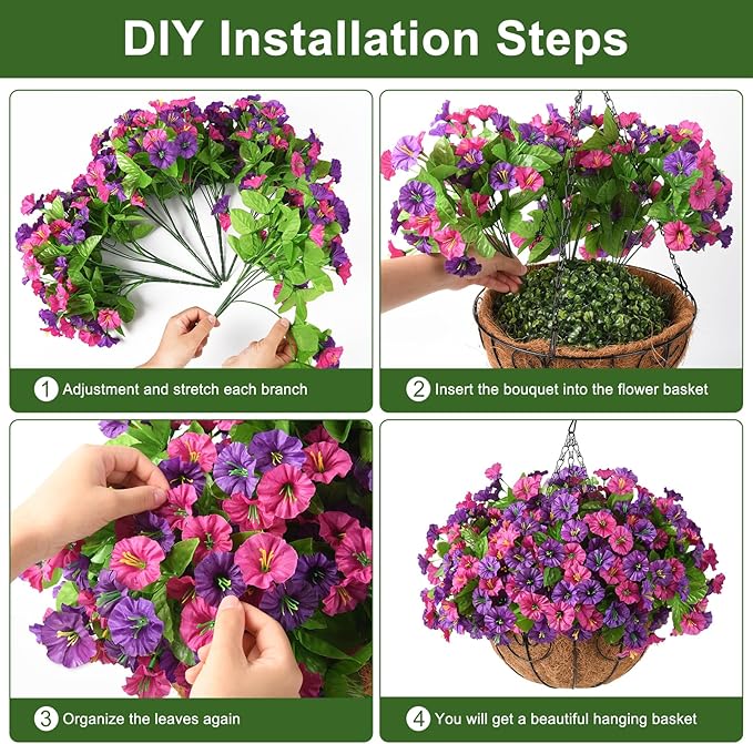 Homsunny Artificial Fake Hanging Flowers with Basket for Outdoors, Faux Silk Petunias Flower Spring Summer Decor UV Resistant Look Real for Home Outside Patio Front Porch Decorations