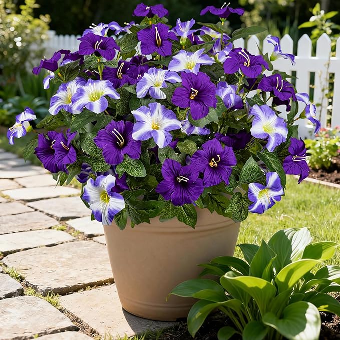 19 Inch Artificial Fake Flowers for Outdoor,4 Pcs Faux Silk Petunias Spring Flowers for Outside for Indoor Porch Planter Front Door Garden Patio Window Box Home Decor(Double Purple)