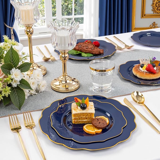 bUCLA 180PCS Blue Plastic Plates - Navy Blue and Gold Rim Disposable Include 30 Each (Dinner & Dessert) Plates, 30 Knives, 30 Forks, 30 Spoons and 30 Cups, Ideal for Party, Gathering and Hanukkah