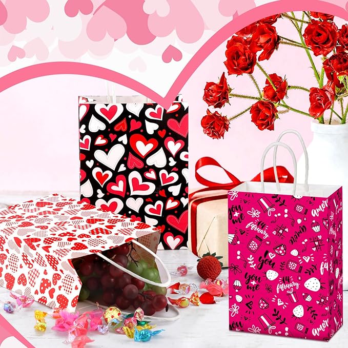 Chivertion 150 Pcs Valentine's Day Gift Bags with Handle Bulk Galentines Heart Paper Goodie Treat Bags for Valentines Galentines Day Party Favors Gift Wrapping Supplies 6 Style, 8 x 6 x 3 Inches