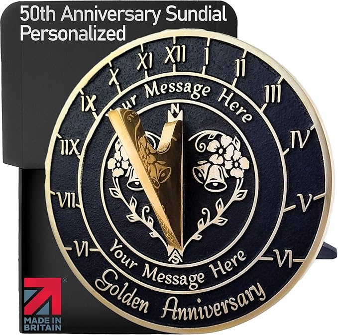 The Metal Foundry Personalized Golden 50th Large Sundial - Recycled Brass Home Decor Or Garden Present Idea Made in The UK for Parents, Grandparents, Friends, Couples 50 Yr Marriage