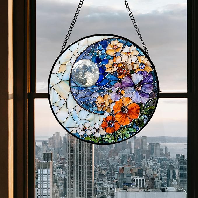 Stained Glass Window Hanging - Blue White Moon Suncatcher for Door Terrace Garden Home Decor Colorful Flowers Sun Catcher Birthday Gifts for Lovers Women Men Dad Mom Nana 11.8 in