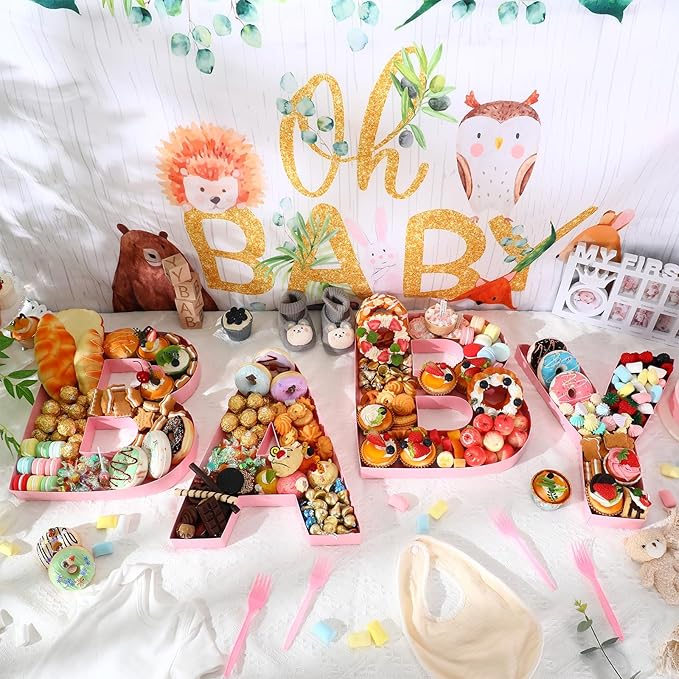 Mifoci 4 Pcs Large Baby Shower Food Trays 13.7" Charcuterie Cardboard Letter Shaped Serving Platter Fillable Boxes for Gender Reveal Baby Shower Party Paper Chocolate Candy Decoration(Light Pink)