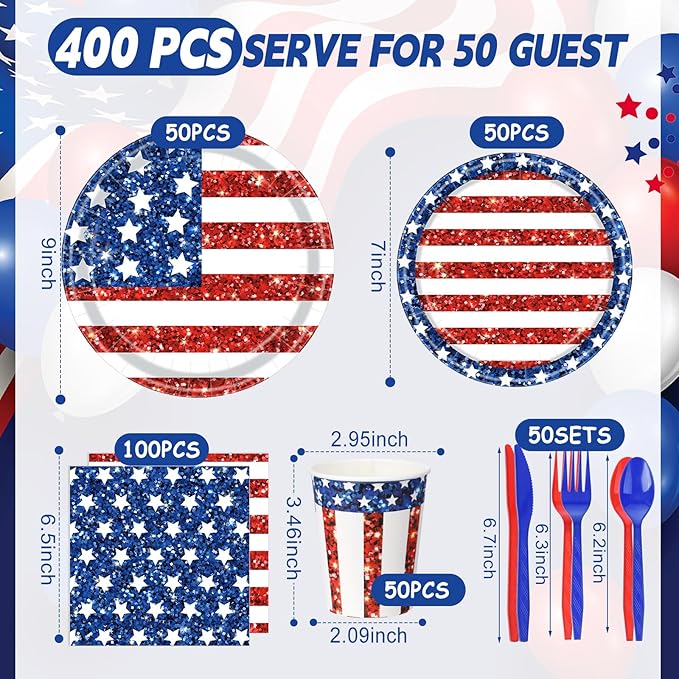 400 Pcs American Flag Patriotic Party Supplies Red White Blue Disposable Paper Plates Napkins and Cups Veterans Election Tableware for Independence 4th of July Labor Memorial Day(Glitter)