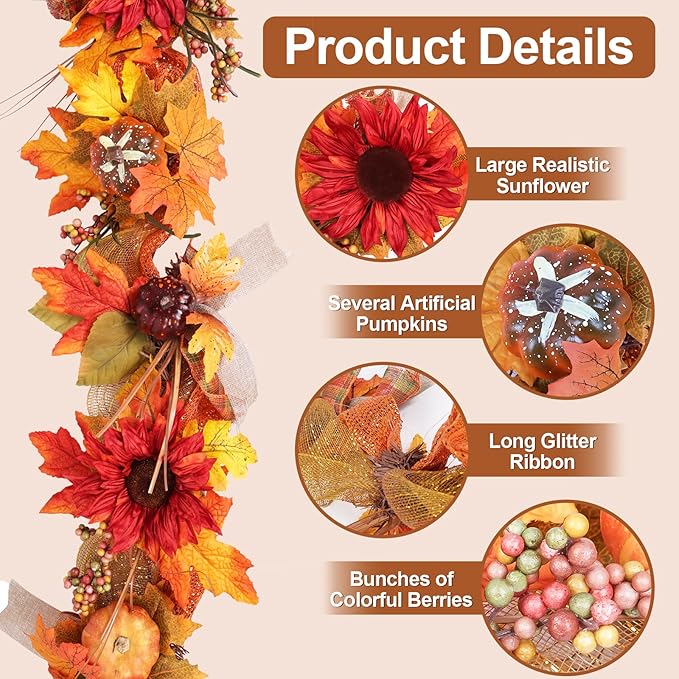 2 Pack 6ft Thick Fall Maple Leaves Garland with Pumpkin and Berry, Artificial Sunflower Autumn Harvest Garland w/Ribbon for Mental, Thanksgiving, Halloween, Fireplace Porch Indoor Outdoor Decoration