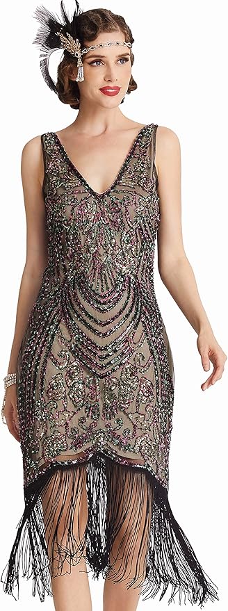 BABEYOND Flapper Dresses 1920s V Neck Beaded Fringed Great Gatsby Dress