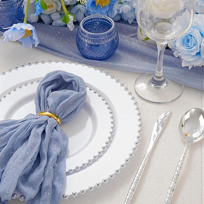supernal 100pcs Silver Plastic Plates - Heavy Duty Elegant White Disposable Plates with Silver Beads Set Include 50 Plastic Dinner Plate and 50 Dessert Plate Perfect for Wedding, Birthday & Party