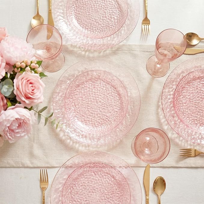 Rubtlamp 60PCS Pink Plastic Plates, Disposable Pink Plates with Hammered Design, Heavy Duty Plastic Platos Fancy Party Platos Include 30 Dessert Plate & 30 Dinner Plate for Bridal Wedding