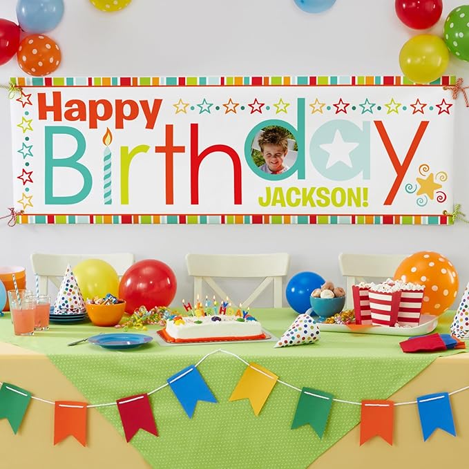 Let's Make Memories Personalized Birthday Banner - Kids Party Decorations - Custom Happy Birthday Banner - Indoor/Outdoor Vinyl - Any Text and Photo - Red Multi - 10ft