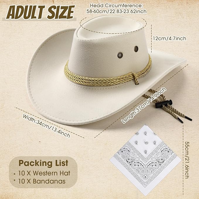Coume 10 Set Cowboy Hat and Bandana for Women Men 10 Felt Cowgirl Cowboy Hat Bulk 10 Western Bandanas for Adult Costume Party